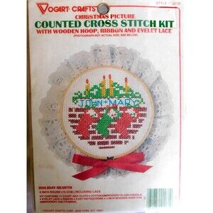 VOGART CRAFTS  CROSS STITCH KIT Holiday Hearth w/ wood hoop,ribbon,eyelet lace